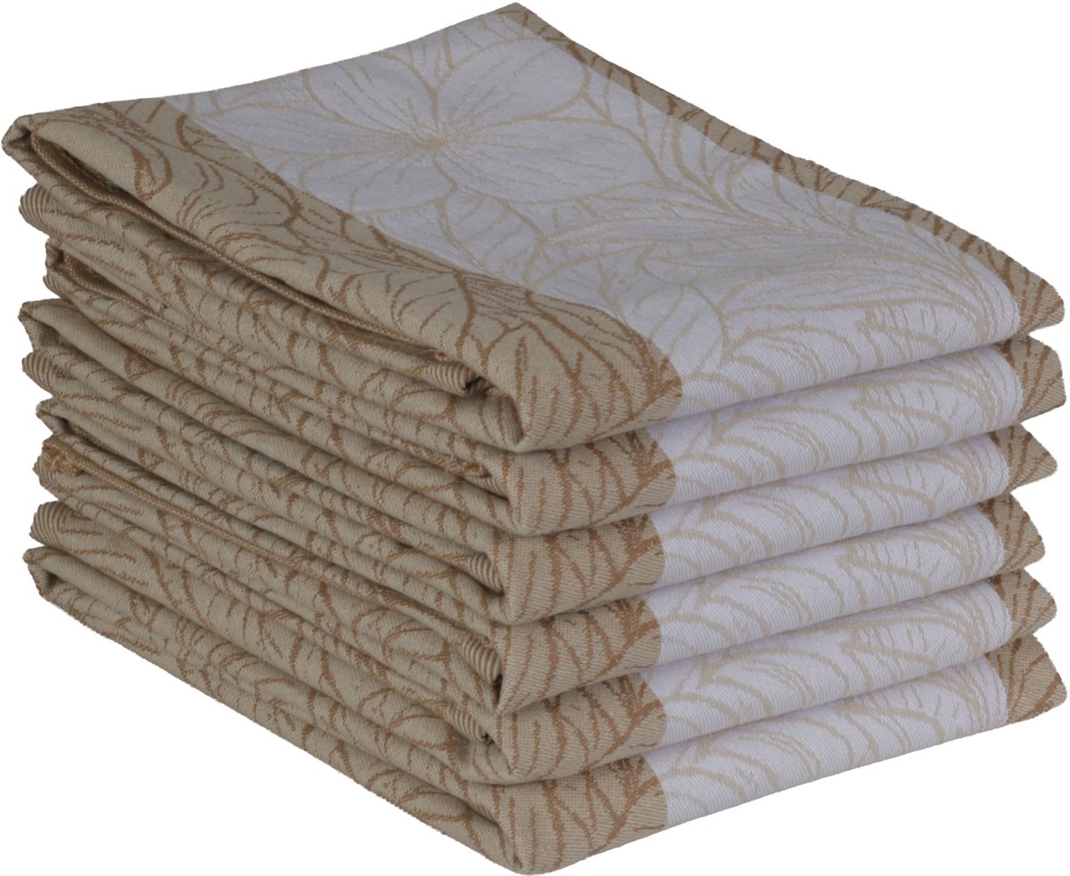 DoubleDry Luxe Theedoeken Set - 6 Stuks - 50x70 cm - 100% Katoen - Hoge Absorptie & Duurzaam - Leaves, Lichtbeige