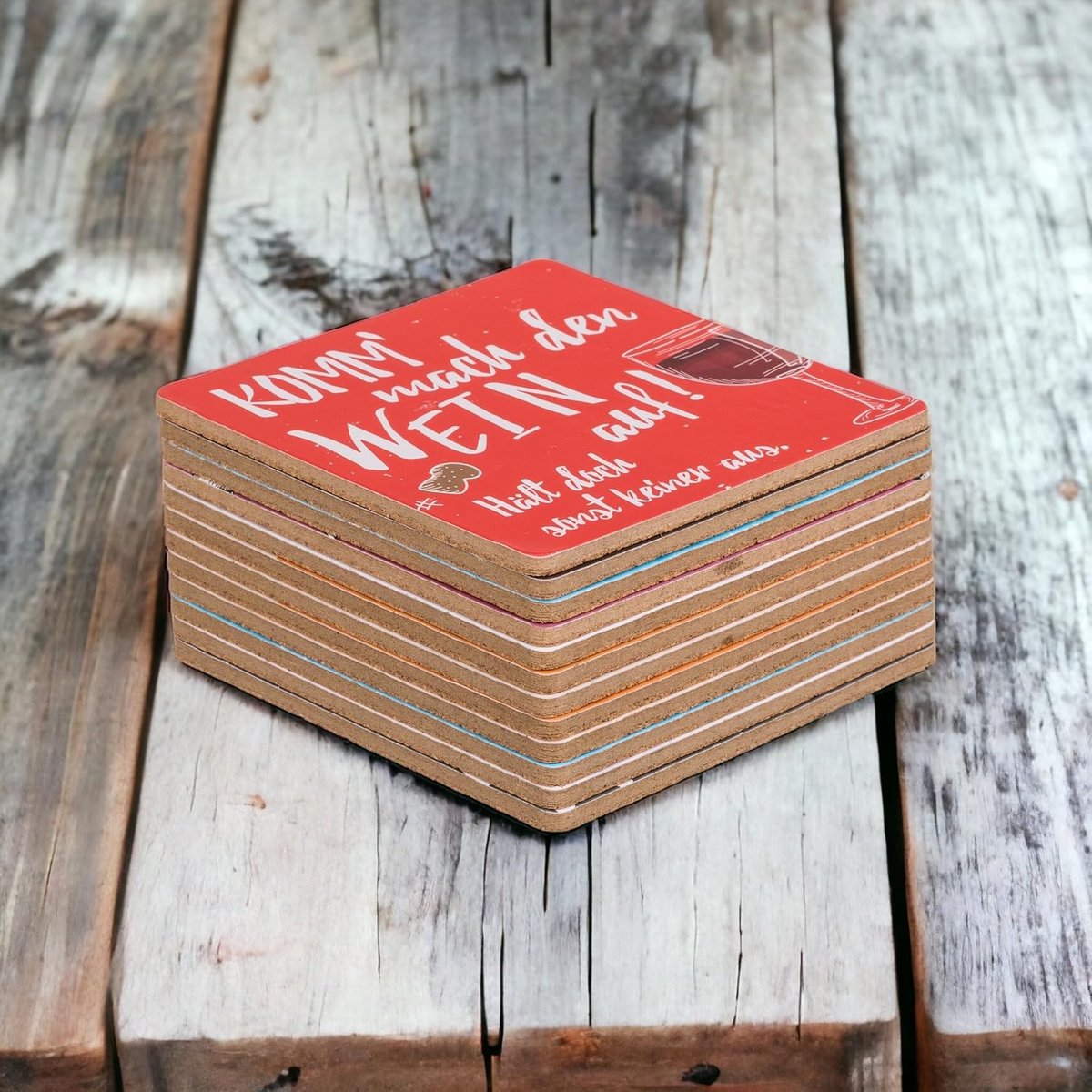 Set van 12 grappige kurken onderzetters voor drankjes - 9,5 x 9,5 cm