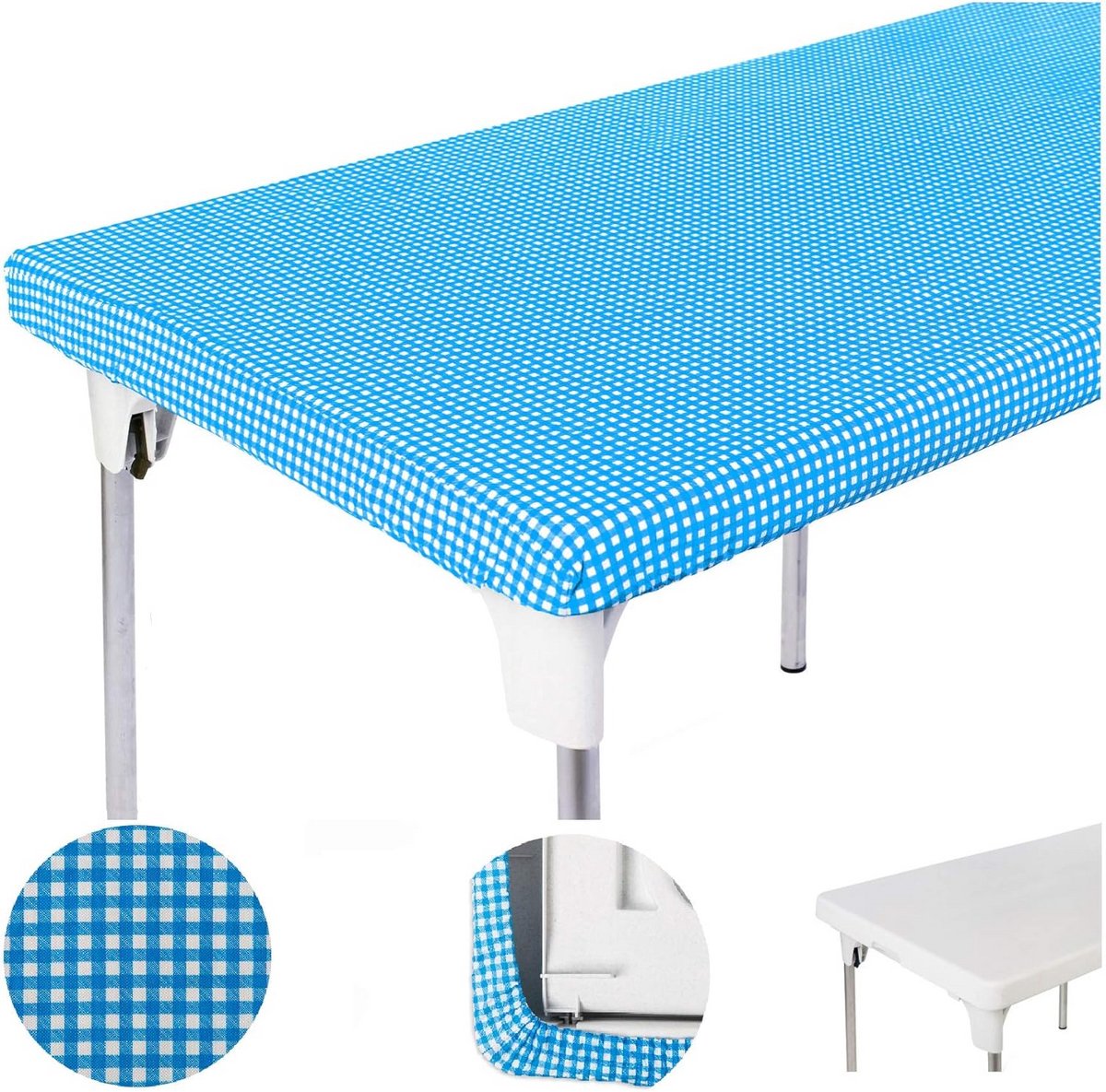 Elastisch Tafelkleed Vierkant Wit Blauw Geruit voor Binnen en Buiten