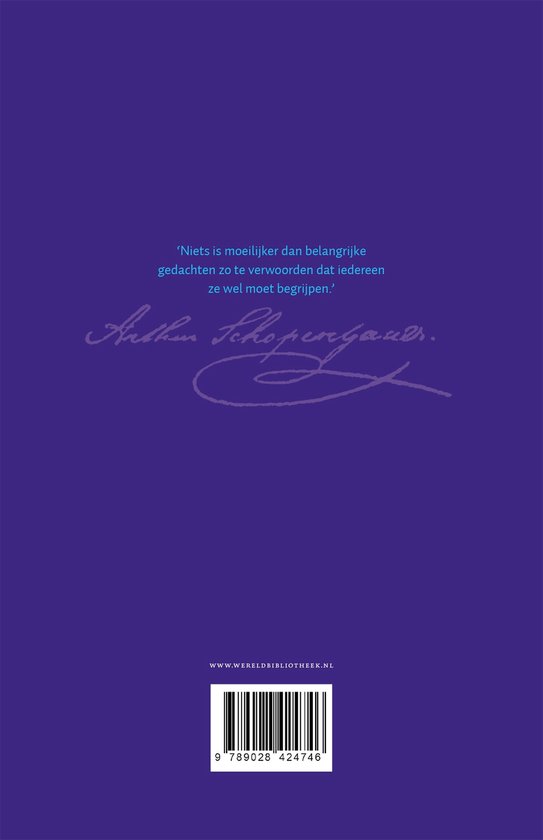 Paarse kaft met tekst 'Niets is moeilijker dan belangrijke gedachten...', handtekening Arthur Schopenhauer en barcode.