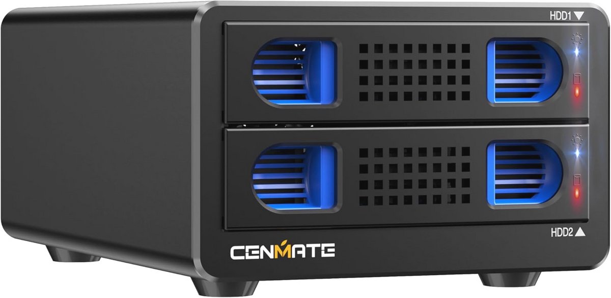 Aluminium harde-schijfbehuizing met twee sleuven en ventilatoren voor 2,5"/3,5" SATA HDD/SSD met USB A/C 3.0