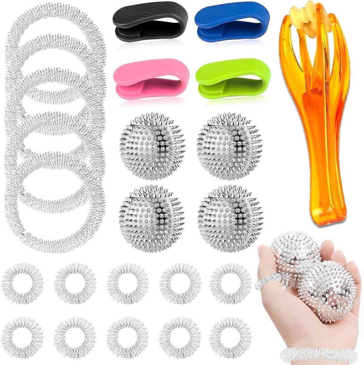 Allecta - Set met Egelbal Massagebal, Acupressuurclips, Accupressuurringen, Massagearmbanden en Hulpmiddelen voor Borderline en Paniekaanvallen