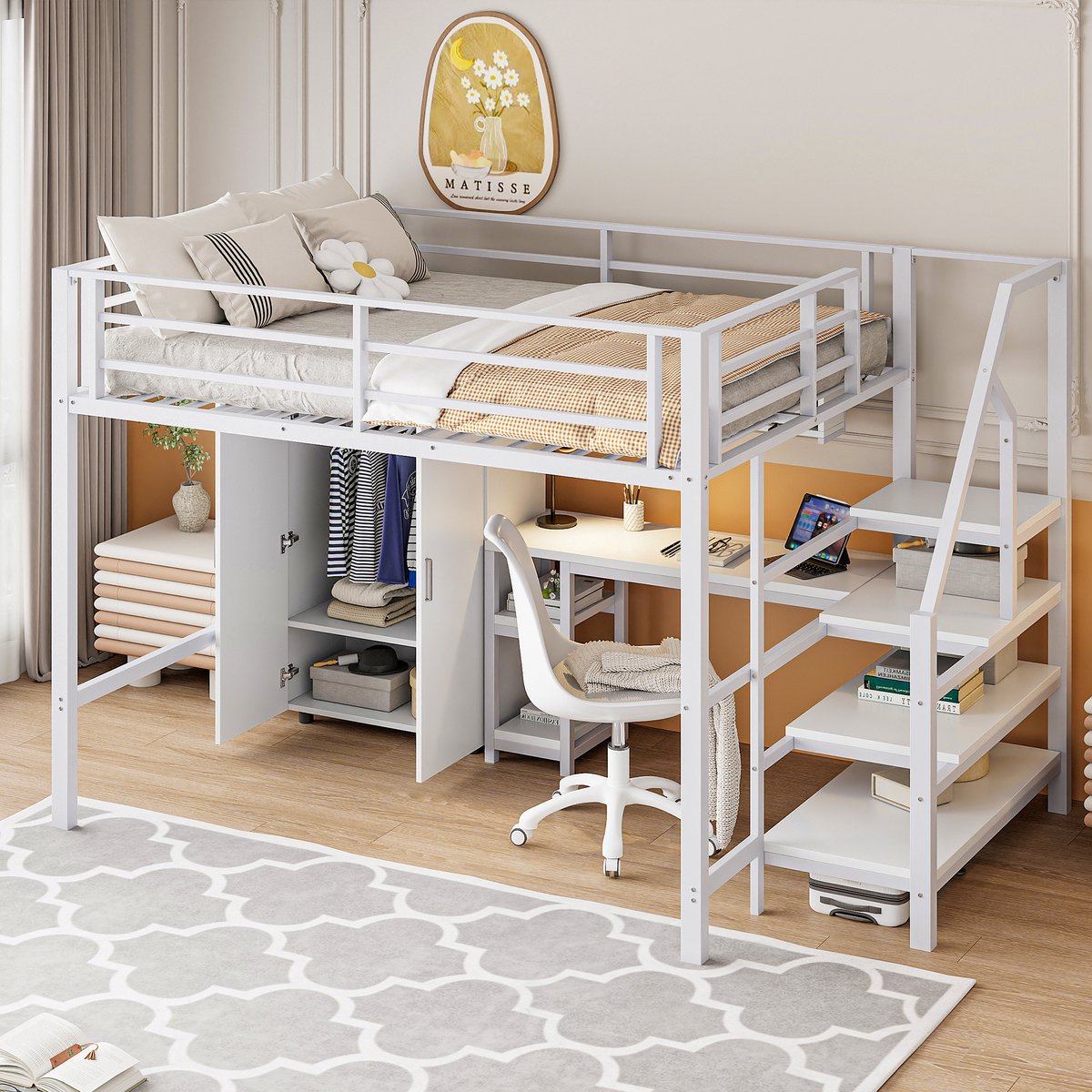 MODFU Ledikant 140x200 cm – Hoogslaper met bureau, kledingkast en opbergruimte – Wit – Metaal en MDF