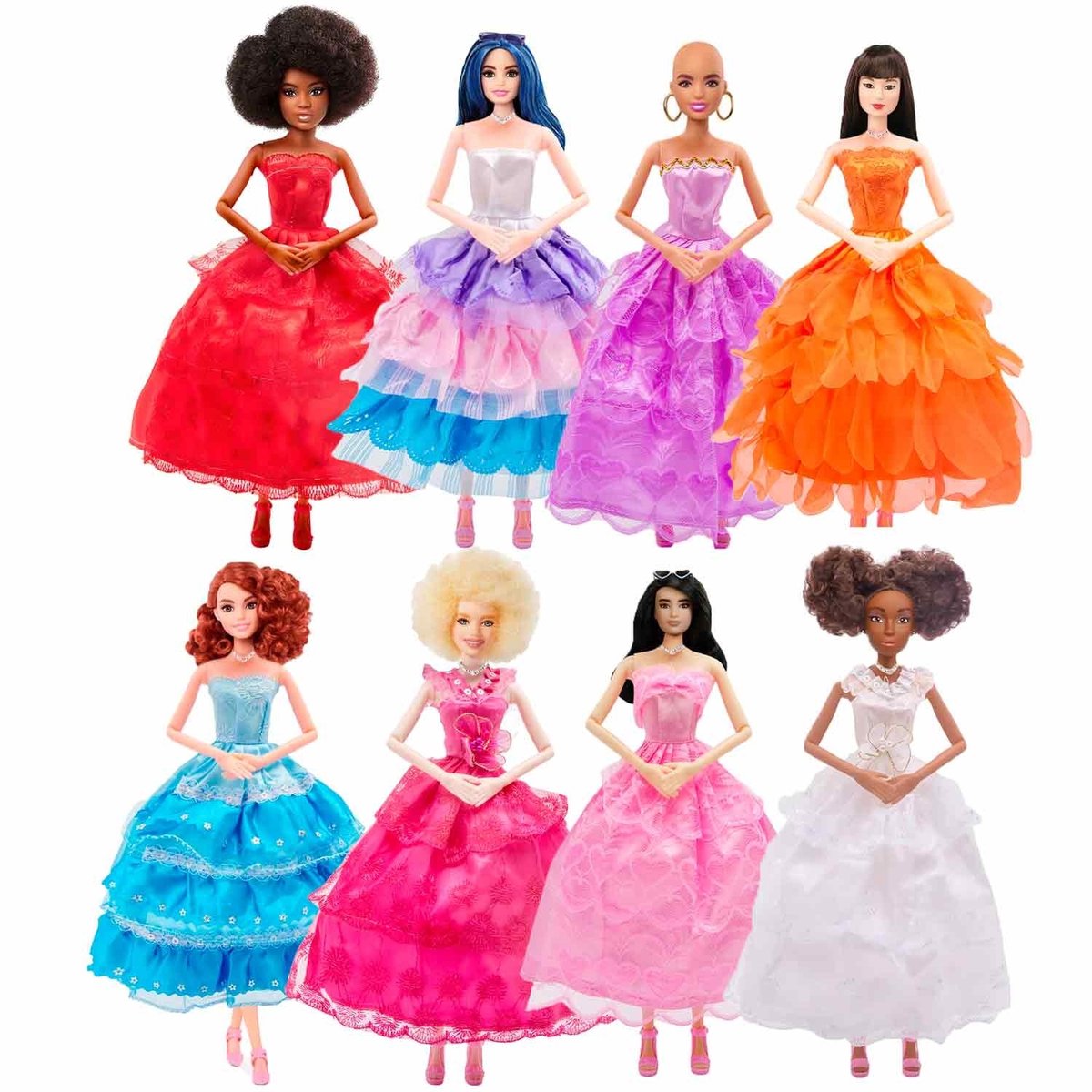 Allerion Jurkjes Set – Geschikt voor Poppen - 8 stuks – Poppenkleding - Verschillende kleuren; Roze, Rood, Paars, Blauw – In Opbergzakje – Past door Brievenbus