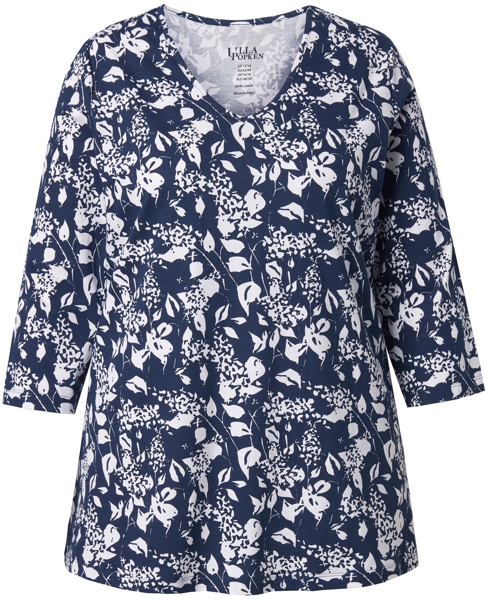 Ulla Popken - Dames - Longshirt bloemen A-lijn V-hals 3/4-mouwen - Marine - Maat 42+