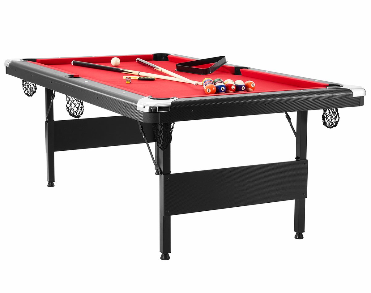 7 ft biljarttafel, draagbare, opvouwbare biljarttafel, incl. ballen, keuen, krijt en borstel, zwart met rood laken, perfect voor de familiekamer