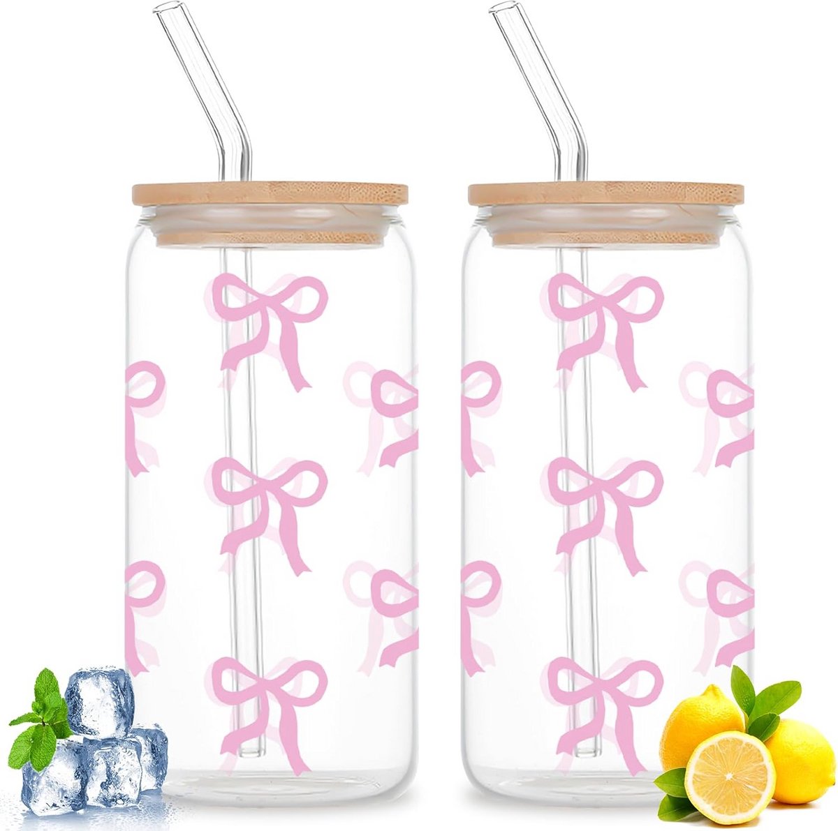 Set van 2 Glazen met Deksel en Rietje in Blikvorm voor Iced Coffee en Bubble Tea
