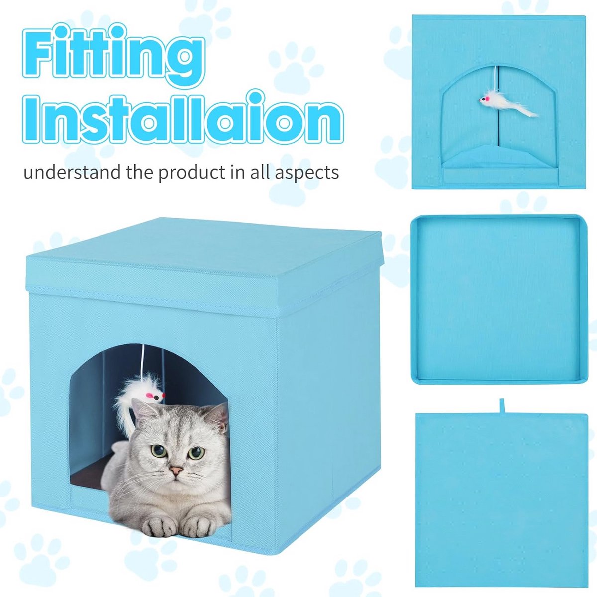 Opvouwbaar kattenbed voor binnenkatten - compacte kubus en grot voor appartementen - 30 x 30 x 30 cm (blauw)