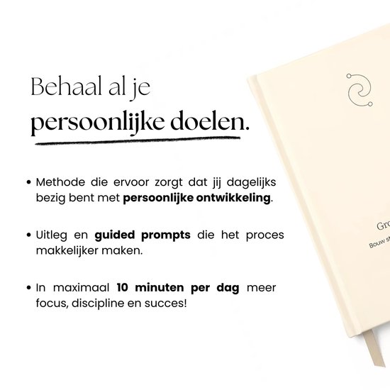 Een open dagboek met de tekst 'Behaal al je persoonlijke doelen.' en opsommingstekens over dagelijkse persoonlijke ontwikkeling.
