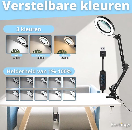 Zwarte loeplamp op een bureau met verstelbare kleuren (warm, neutraal, koel) en helderheid (1-100%).