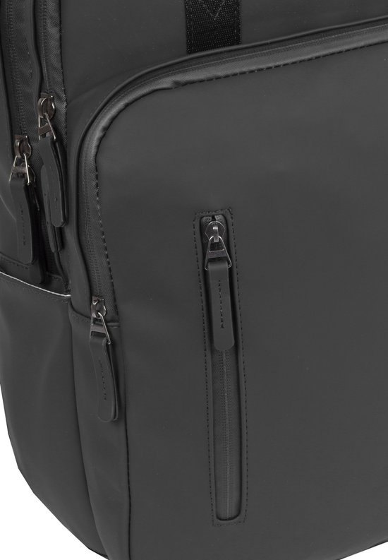 Zwarte rugzak met ritssluiting details, een waterafstotende afwerking en lederlook accenten.