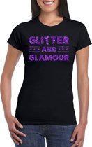 Toppers Zwart Glitter and Glamour t-shirt met paarse glitter letters dames - VIP/glamour kleding XL