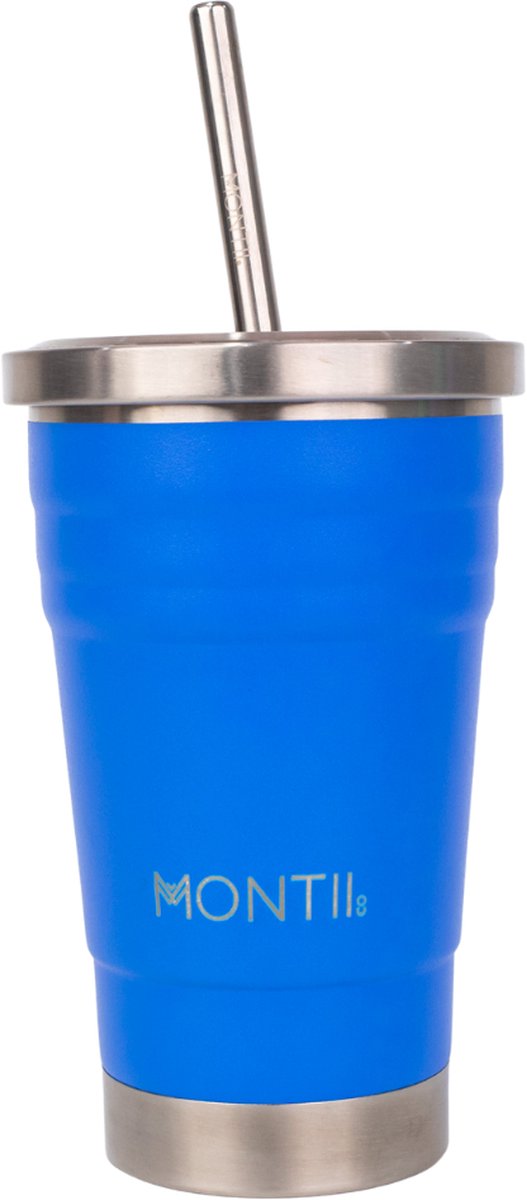 MontiiCo Mini Smoothie beker - met deksel - dubbelwandig RVS - Blueberry blauw - 275ml