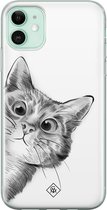Casimoda® hoesje - Geschikt voor iPhone 11 - Peekaboo - Siliconen/TPU telefoonhoesje - Backcover - Kat - Zwart