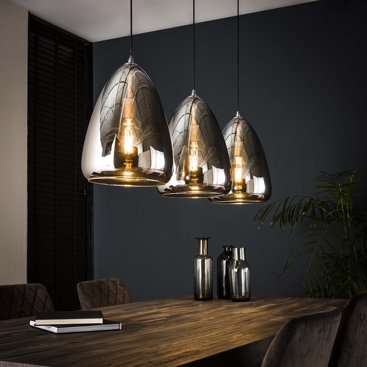 Hanglamp Silver Pearl chromed glass | 3 lichts | smoke / staal / zilver | glas / metaal | in hoogte verstelbaar tot 150 cm | 130 cm breed | eetkamer / eettafel lamp | modern / sfeervol design