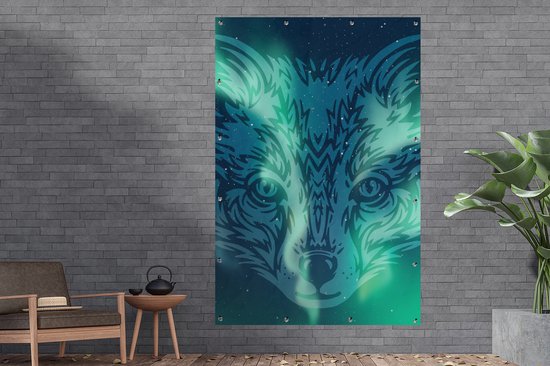 Tuinposter 120x180 cm - Tuindecoratie Vos - Aurora - Dier - Design - Poster voor in de tuin - Buiten decoratie - Schutting tuinschilderij - Tuindoek muurdecoratie - Wanddecoratie balkondoek