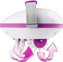 Zijaanzicht van het witte en paarse cellulite massager apparaat met grijze band en paarse pijlen die beweging aangeven.