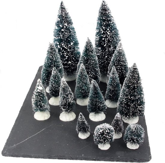 Miniatuur boompjes met sneeuw - 32x stuks - groen - kunststof - verschillende maten - kerstdorp