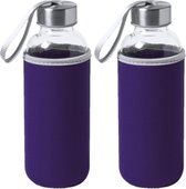 2x Stuks glazen waterfles/drinkfles met paarse softshell bescherm hoes 420 ml - Sportfles - Bidon
