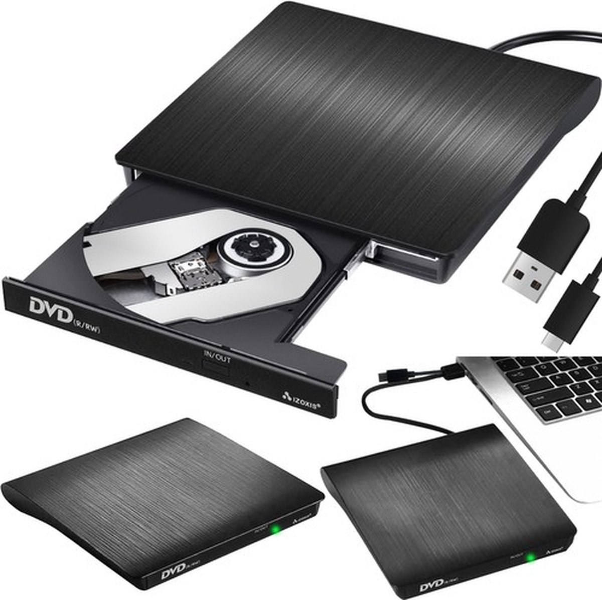 Izoxis Externe DVD speler en brander - voor Laptop & Macbook - DVD/CD - Met USB 3.0 en USB-C adapter - Optische drive - Plug & Play