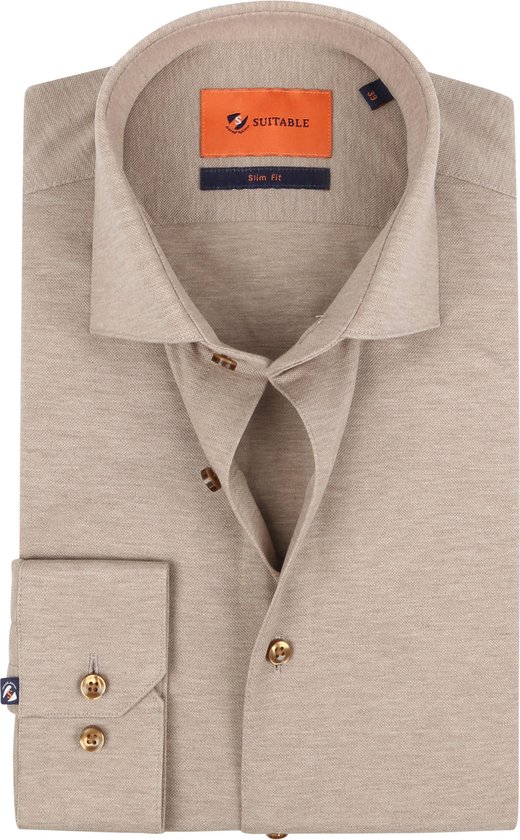 Suitable - Overhemd Pique Beige - Heren - Maat 40 - Slim-fit