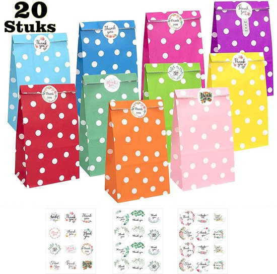 Foto: Lixin kleurrijk uitdeelzakjes 20 stuks 13x8x24cm kado zakjes uitdeelcadeaus cadeauzakjes cadeautasje papieren zakjes inpakzakjes sluitstickers stickers colorful gift bags