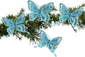 Kerstboom vlinders op clip - 14 cm - 4x stuks - blauw glitter - kunststof