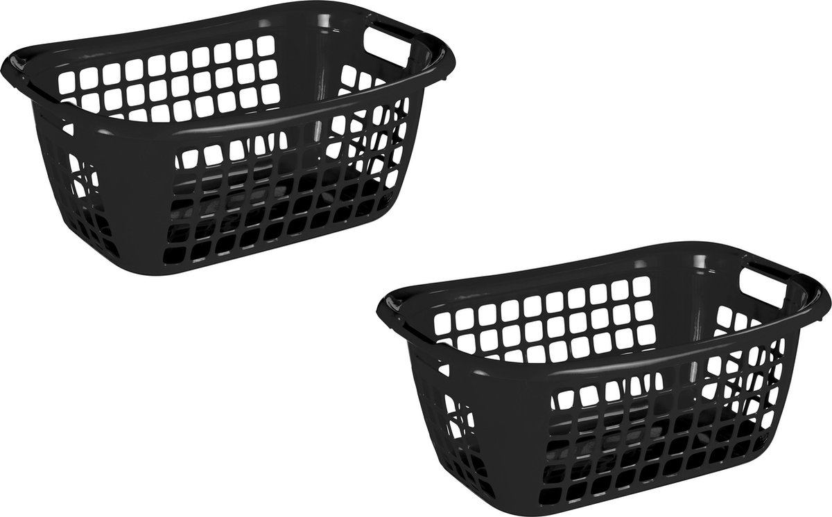 Goedkoopste 2x stuks zwarte wasmanden/wasgoedmanden met handgrepen 55 cm - Draagwasmanden - Wasgoedmand - Mand met handgrepen