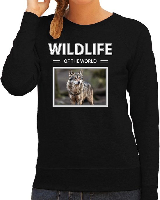Dieren foto sweater Wolf - zwart - dames - wildlife of the world - cadeau trui Wolven liefhebber XL