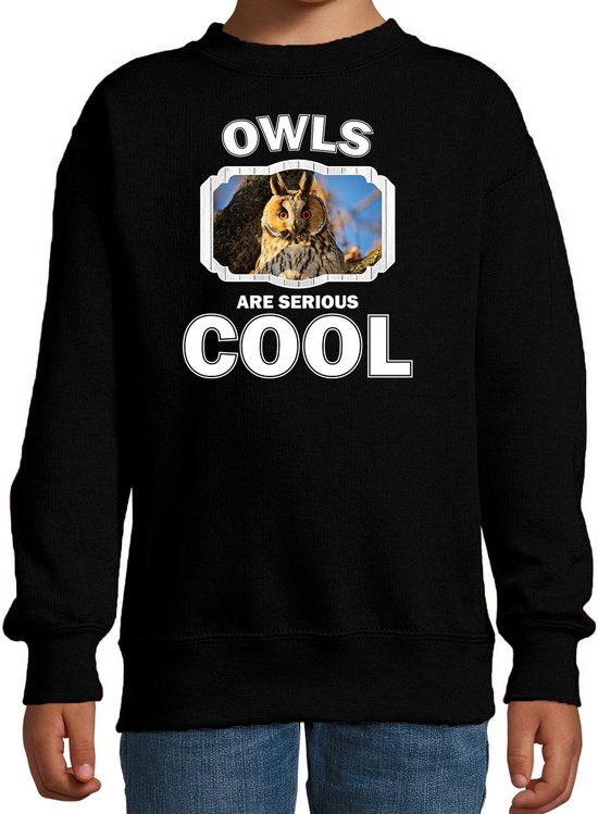 Dieren uilen sweater zwart kinderen - owls are serious cool trui jongens/ meisjes - cadeau ransuil/ uilen liefhebber - kinderkleding / kleding 98/104