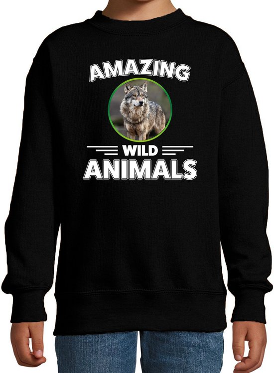 Sweater wolf - zwart - kinderen - amazing wild animals - cadeau trui wolf / wolven liefhebber 152/164
