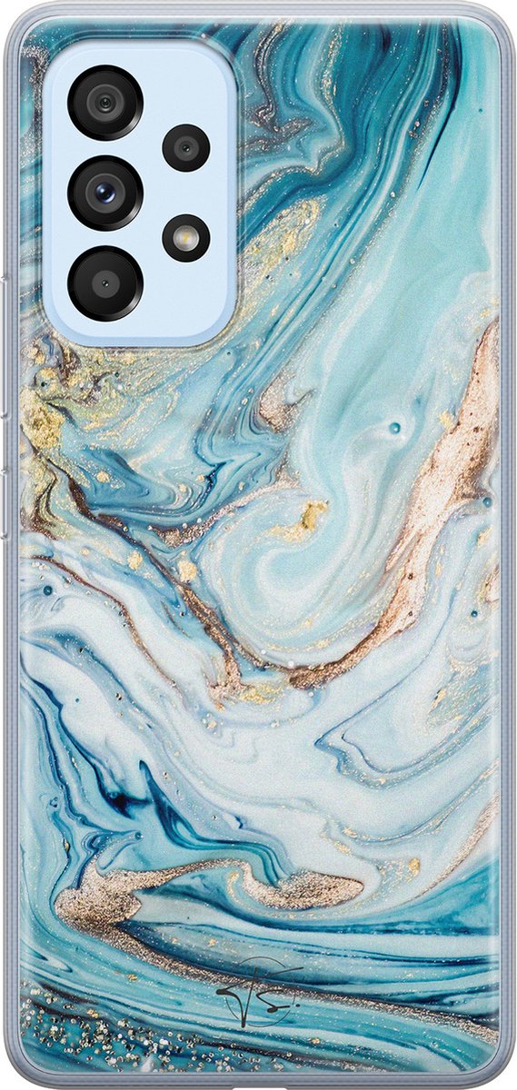 Hoesje geschikt voor Samsung Galaxy A33 - Marmer blauw goud - Soft Case - TPU - Marmer - Blauw, Goud - Mooie Telefoonhoesjes