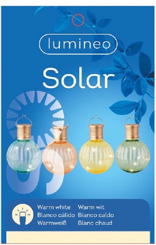 Verpakking met vier Lumineo solar lampionnen in turquoise, oranje en geel. Met LED-lampjes en goudkleurige details.