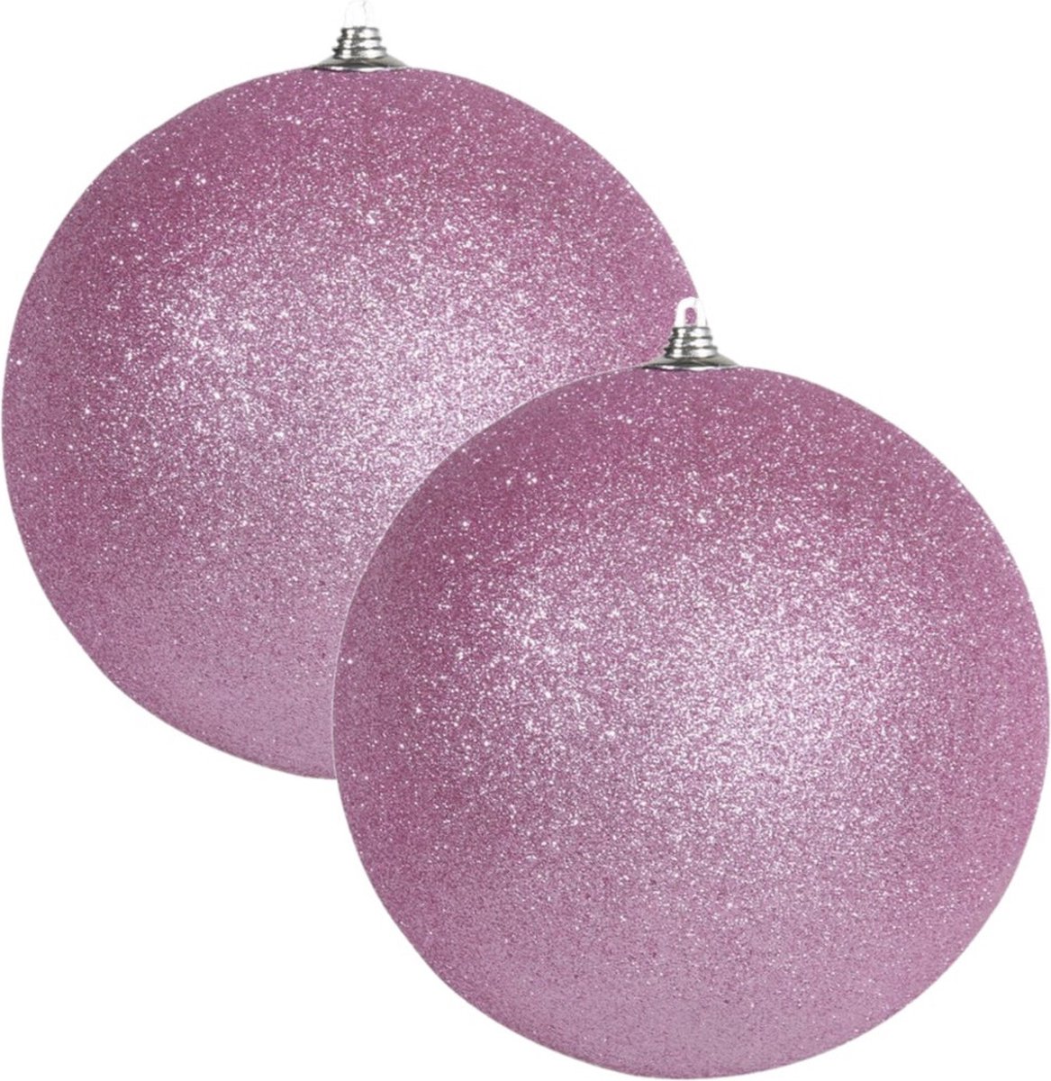2x Roze grote glitter kerstballen 13,5 cm - hangdecoratie / boomversiering glitter kerstballen