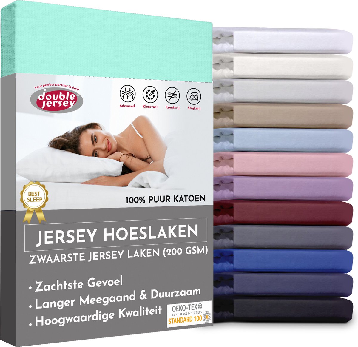 Double Jersey Hoeslaken - Hoeslaken 120x200+30 cm - 100% Katoen Aqua