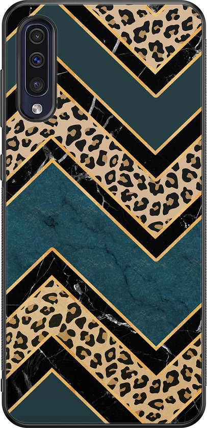 Leuke Telefoonhoesjes - Hoesje geschikt voor Samsung Galaxy A50 - Luipaard zigzag - Backcover zwart - Luipaardprint - Bruin, Blauw