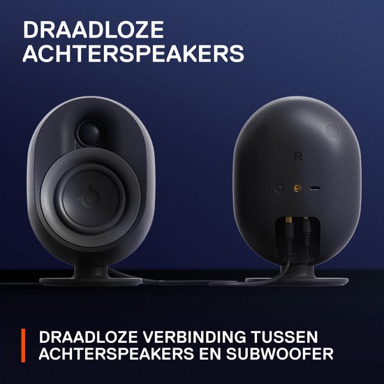 Zwarte draadloze achterspeakers, één van voren, één van achter met aansluitingen.