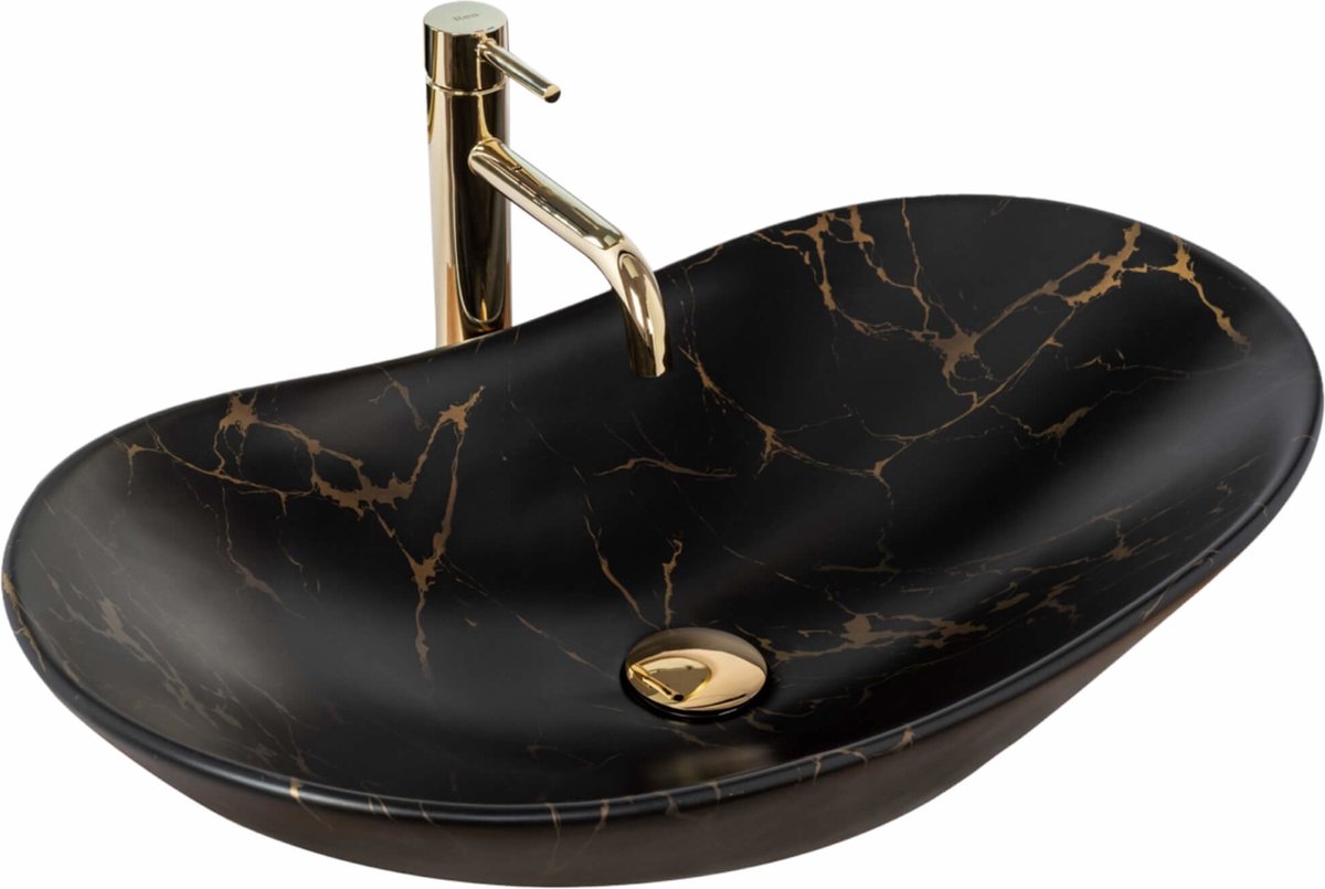 Rea Royal 60 Black Marble Mat Opzetwastafel Steen Imitatie 62x36 cm