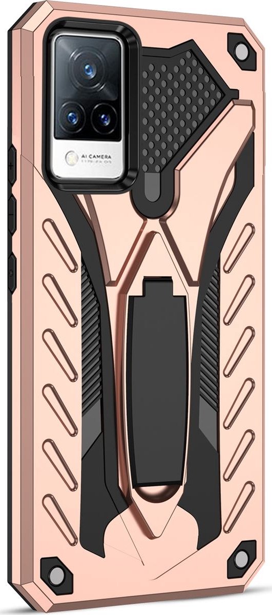 Mobigear Hoesje geschikt voor Vivo V21 Telefoonhoesje Hardcase | Mobigear Armor Stand Backcover Shockproof met Standaard | Schokbestendig V21 Telefoonhoesje | Anti Shock Proof - Roségoud