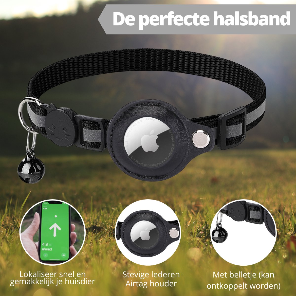 Airtag Kattenhalsband, geïntegreerde kattenhalsband AirTag met AirTag-houder en bel, reflecterende kattenhalsband met afneembare veiligheidsgesp voor kittens puppy's (groen
