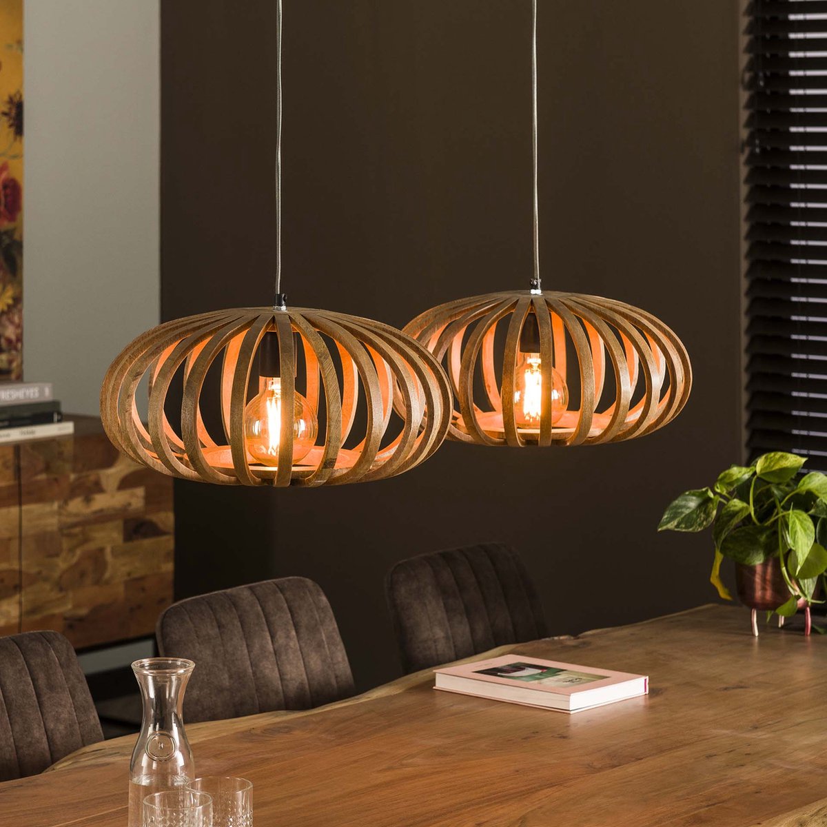 Hanglamp eettafel Stripes | 2 lichts | massief mangohout naturel