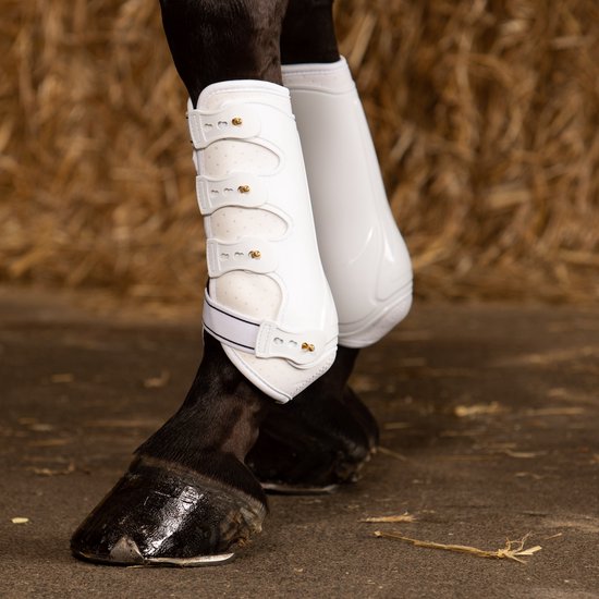 Witte peesbeschermers met gouden gespen en zwarte accenten, gedragen op een paardenbeen.