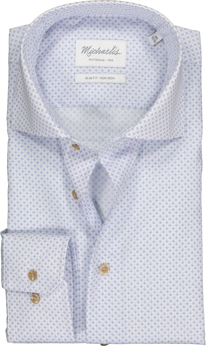 Michaelis slim fit overhemd - poplin heren shirt - lichtblauw met wit dessin - Strijkvrij - Boordmaat: 44