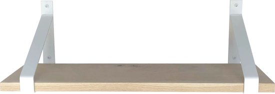 GoudmetHout Massief Eiken Wandplank - 120x25 cm - Industriële Plankdragers - Staal - Mat Wit - Wandplank industrieel