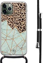 Casimoda® hoesje met koord - Geschikt voor iPhone 11 Pro Max - Luipaard Marmer Mint - Afneembaar koord - Siliconen/TPU - Bruin/beige