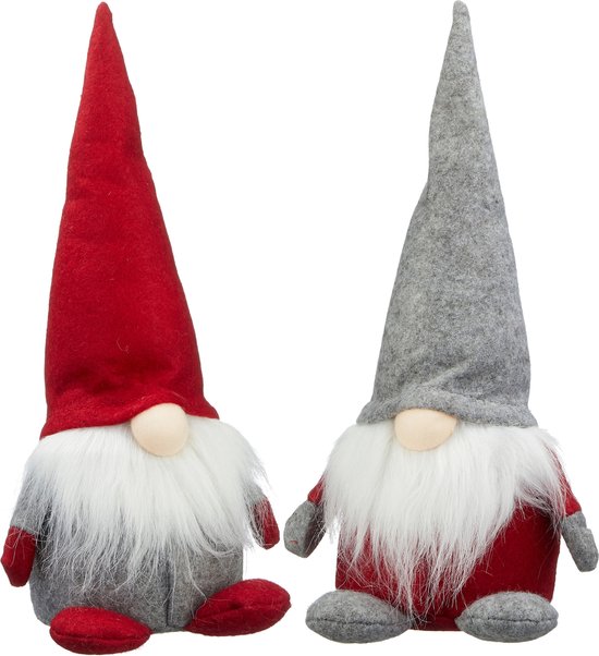 Kerstversiering/decoratie gnomes - 30 cm - pluche - rood en grijs - set 2x stuks