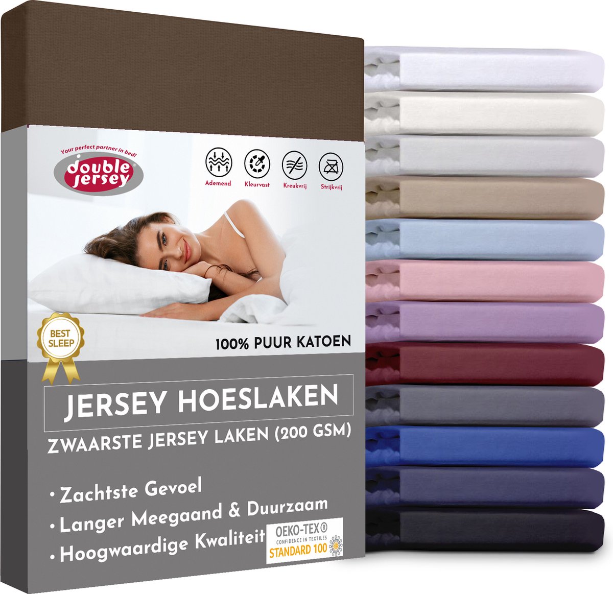 Double Jersey Hoeslaken - Hoeslaken 180x200+30 cm - 100% Katoen Mokka