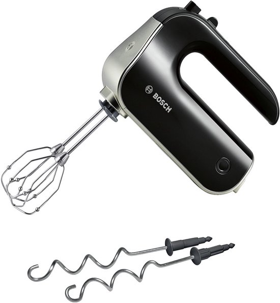 Zwarte en zilverkleurige Bosch handmixer met stervormige kloppers en twee deeghaken.