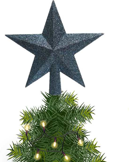Donkerblauwe glitter kerstboom piek in ster vorm, 19 cm, geplaatst op een boom met lichtsnoer.