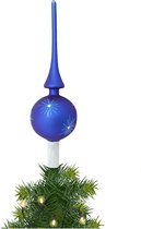 Piek/kerstboom topper - glas - H31 cm - mat blauw gedecoreerd - Kerstversiering